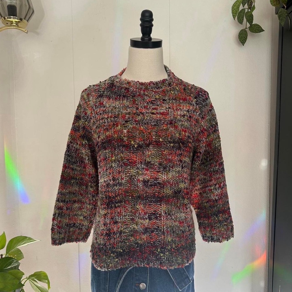 Vintage 80s HEIDI Rainbow Cable Knit Sweater Mock Neck Cropped Medium